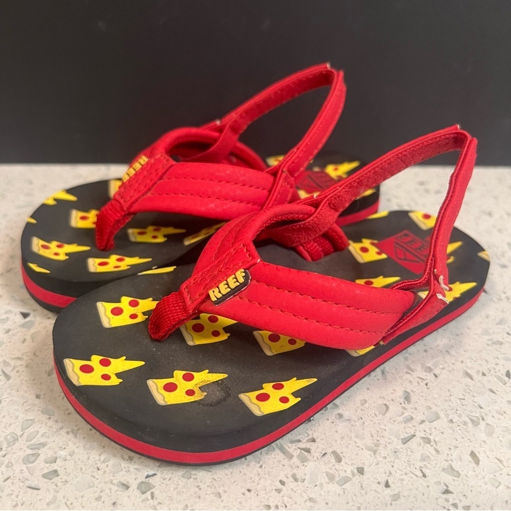 REEF Kids Lightning Bolt Pizza Sandals Flipflops Black Red Yellow Size Toddler 8